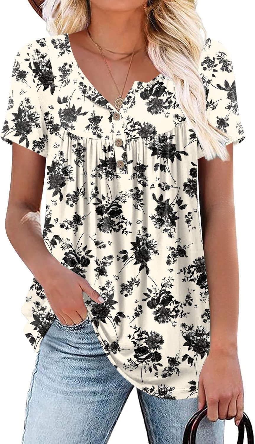 Aodemo Womens Summer Tops 2025 Short Sleeve Shirts Henley Loose Fit Tunic Ladies...