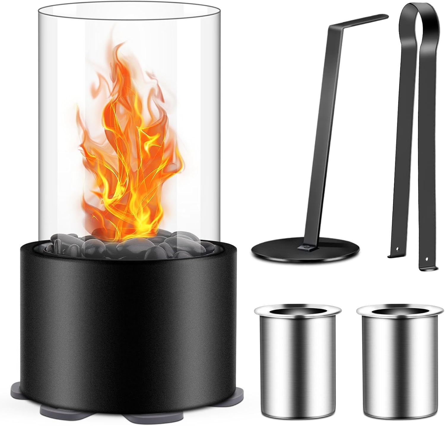 Small Tabletop Fire Pit Bowl with Black Stone & Wind Proof Glass, Portable Alcoh...