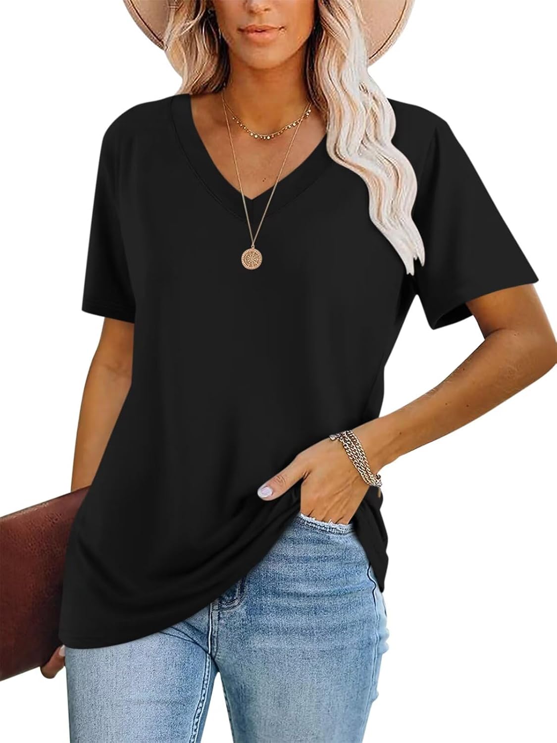 Minetom Women's Color Block/Solid Tops Short Sleeve V Neck T Shirts Summer Casua...