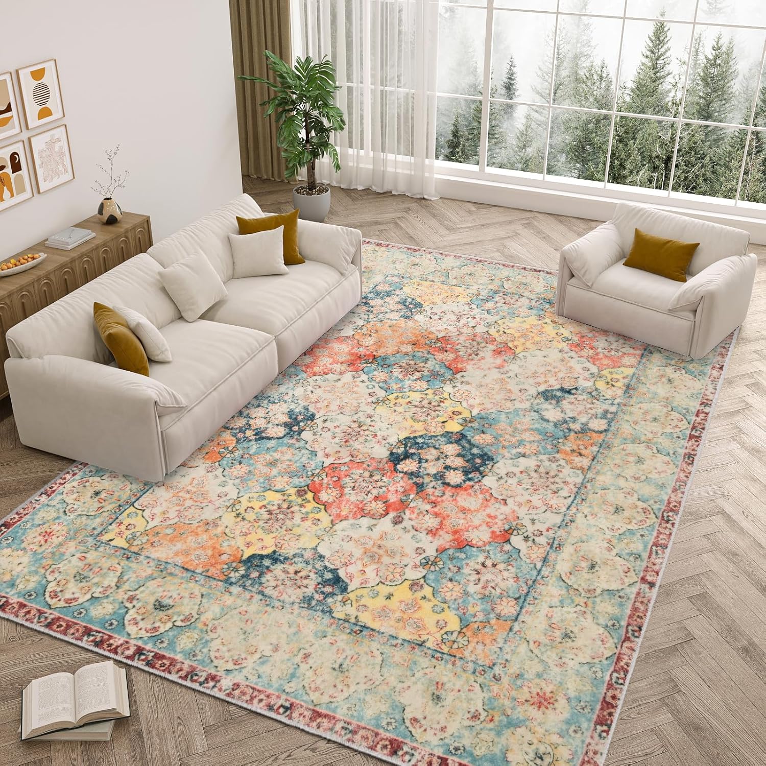 Vintage Living Room Rug 6x9 Machine Washable Area Rugs Non Slip Low Pile Area Ru...