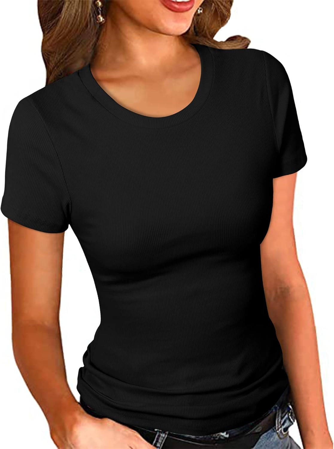 PALINDA Women's Crew Neck Ribbed Fitted Shirt Basic Short Sleeves Summer T Shirt...