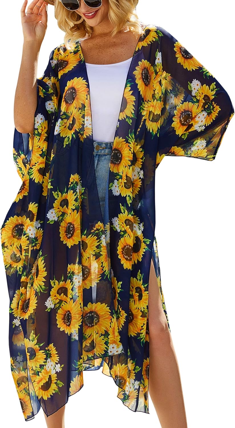Hibluco Women's Long Floral Kimono Printed Cardigan Sheer Swimsuit Cover Ups X-L...