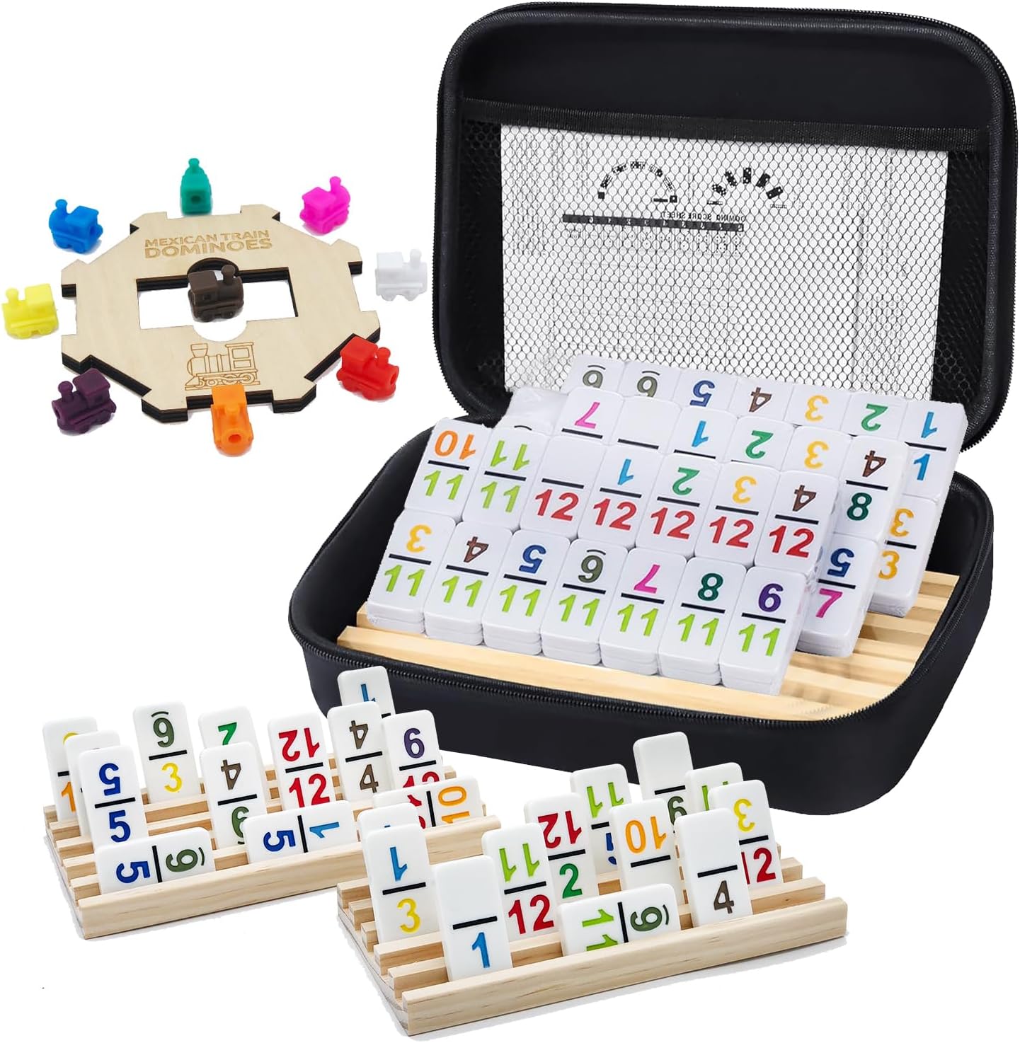 Mexican Train Dominoes Set with Numbers and 4 Wooden Trays/Racks, Double 12 Domi...