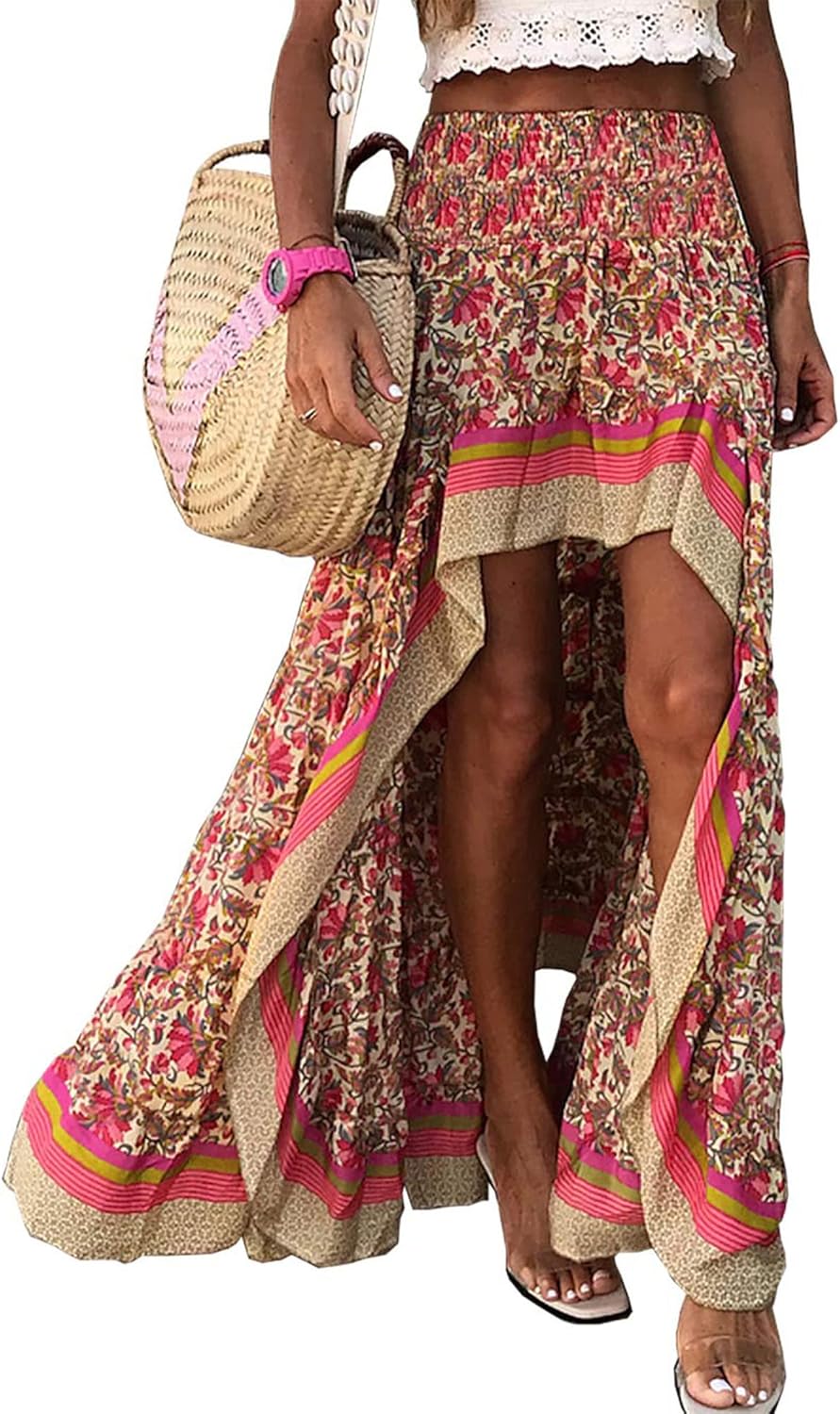 BTFBM Women 2025 Summer Spring Boho Long Skirts Dress Floral Print Elastic Waist...