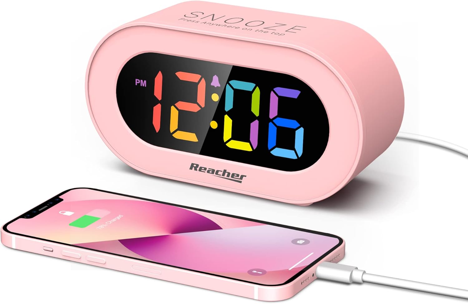 REACHER Pink Girls Alarm Clock, Dimmable Colorful LED Digital Display, USB Phone...