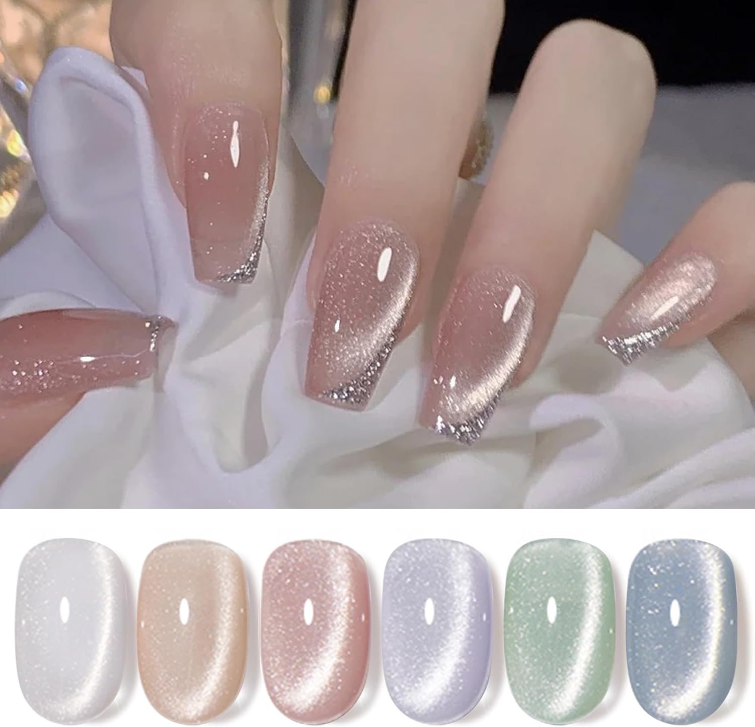 BORN PRETTY 6-Piece Magnetic Gel Nail Polish Set, Iridescent Glitter Gel, Cat Ma...