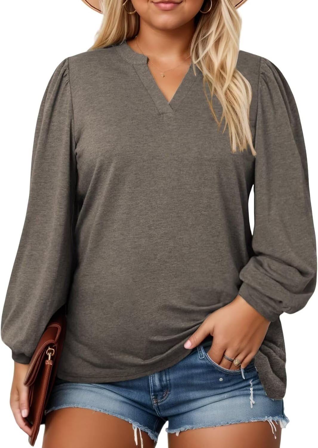 Plus-Size-Tops for Women Dressy Puff Lantern Long Sleeve Shirts Cute Notch V Nec...