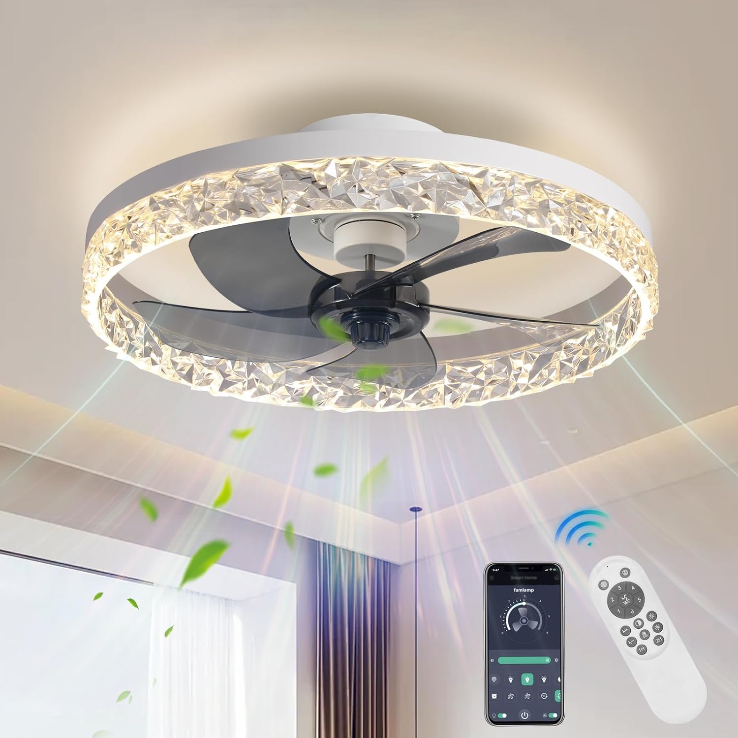 Crystal Ceiling Fans with Lights,19.7" Flush Mount Ceiling Fan with Remote,Low P...