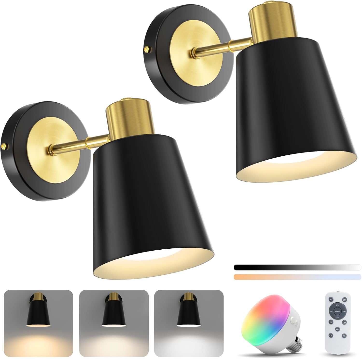 NIORSUN Wall Sconces Set of Two,10 Color Battery Operated Lights,Dimmable Batter...