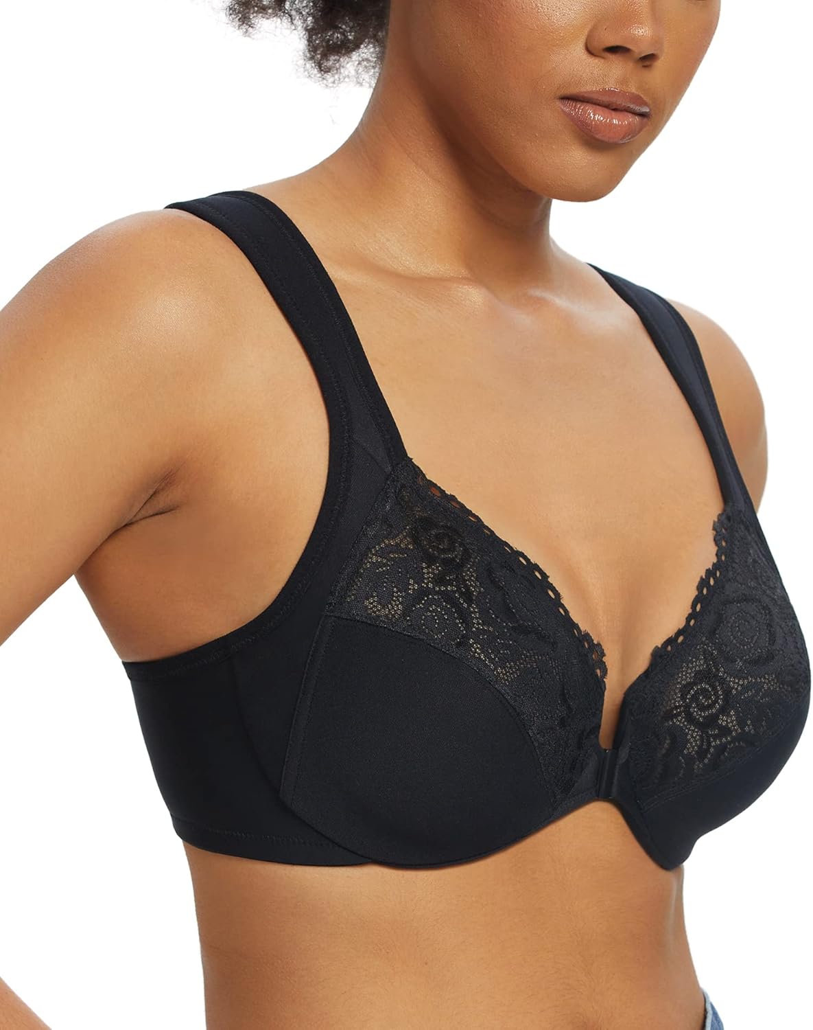 Lemorosy Wide Strap Front Closure Bra Lace Full Figure Underwire 42D Black Wide...