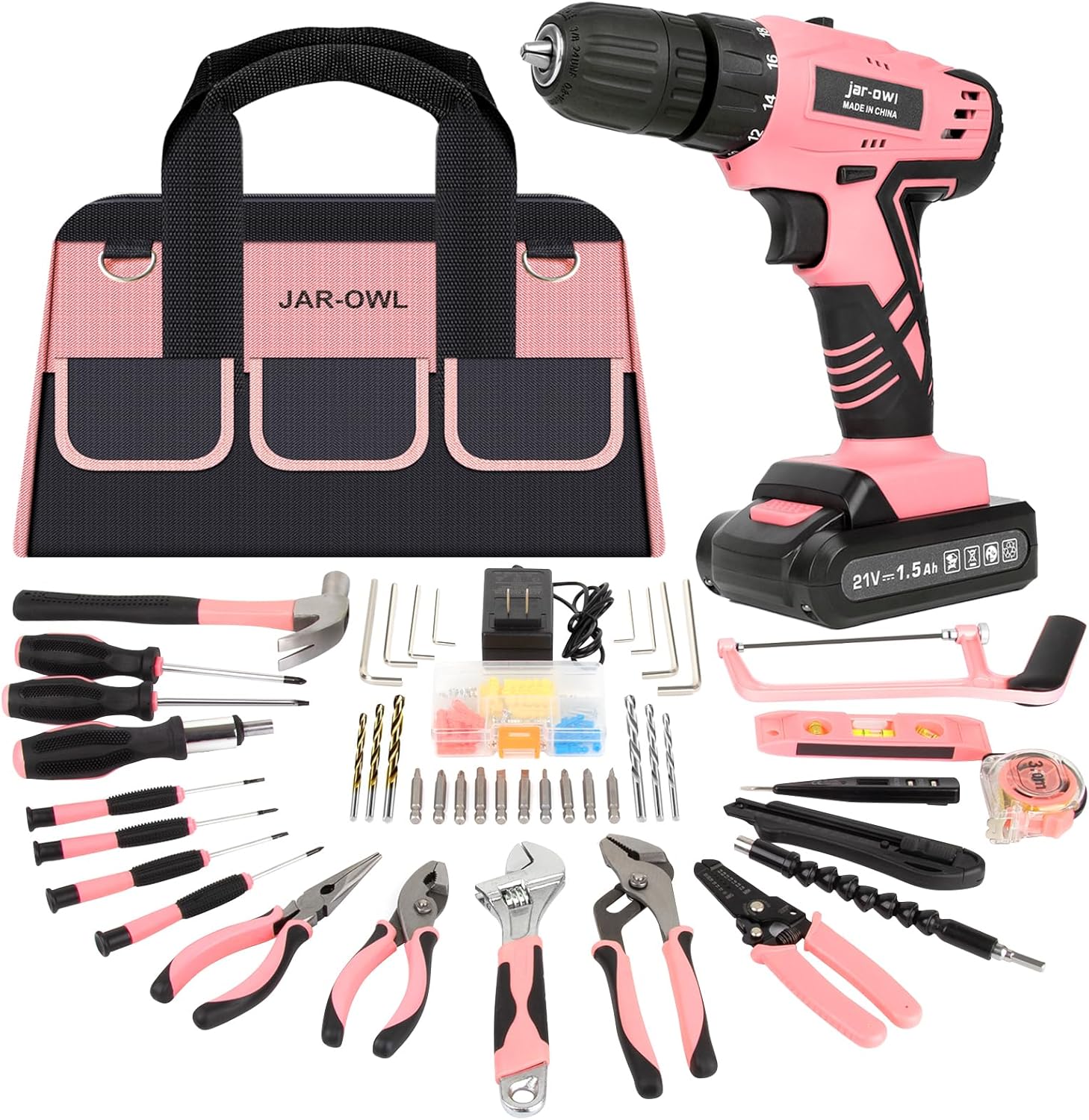 Jar-Owl 21V Pink Drill Set Tool Kit Set Power Drill for Women DIY with Storage B...