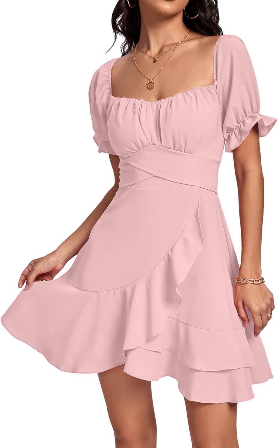 LYANER Women's Square Neck Ruffle Wrap Mini Dress Off Shoulder Flounce Short Sle...
