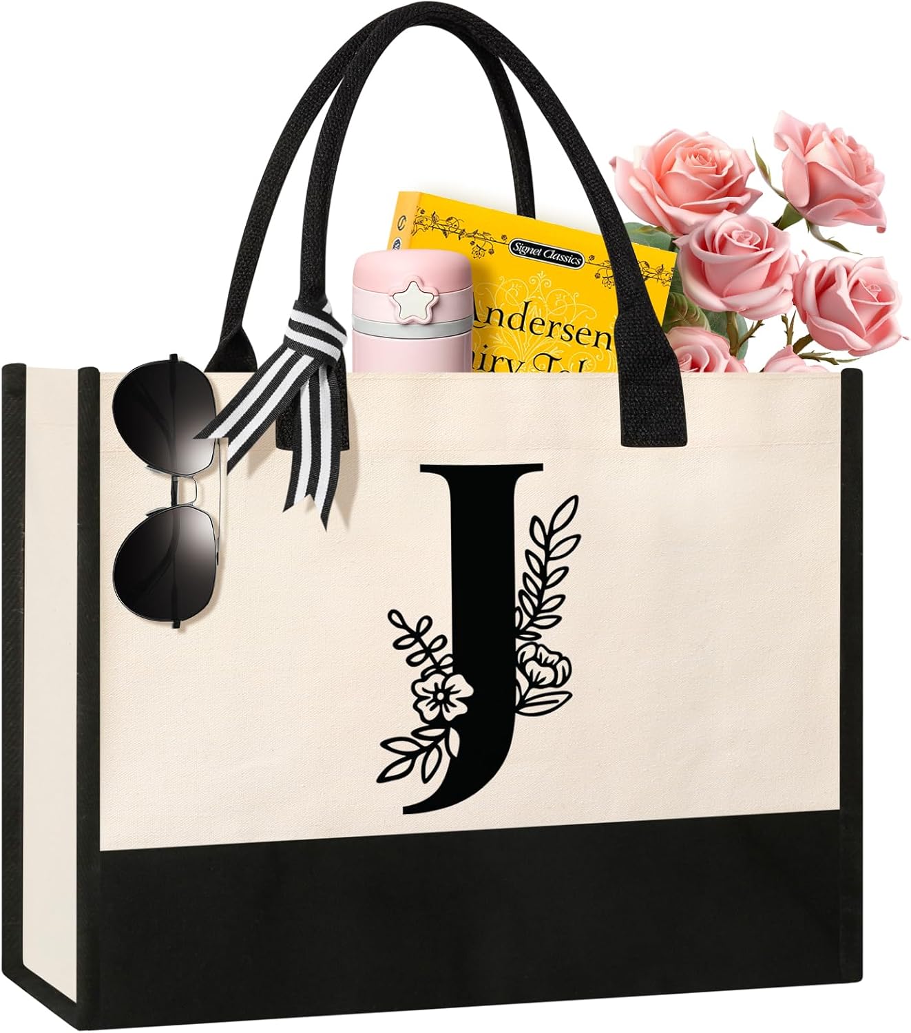 Personalized Initial Canvas Tote Bag, Suitable for Birthday, Wedding, Beach, Hol...