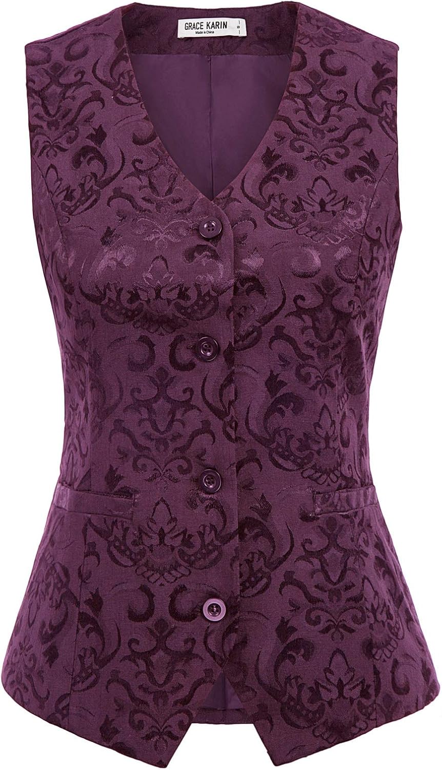 GRACE KARIN Womens Waistcoat Vest Vintage Steampunk Dress Jacquard Jacket Purple...