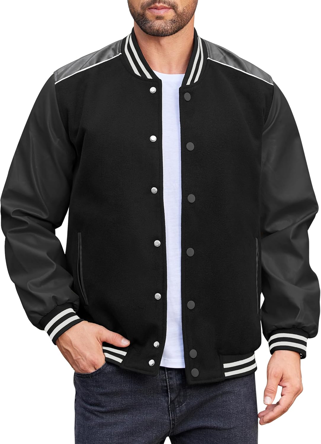 COOFANDY Mens Varsity Jacket Casual Leather Sleeve Baseball Letterman Bomber Jac...