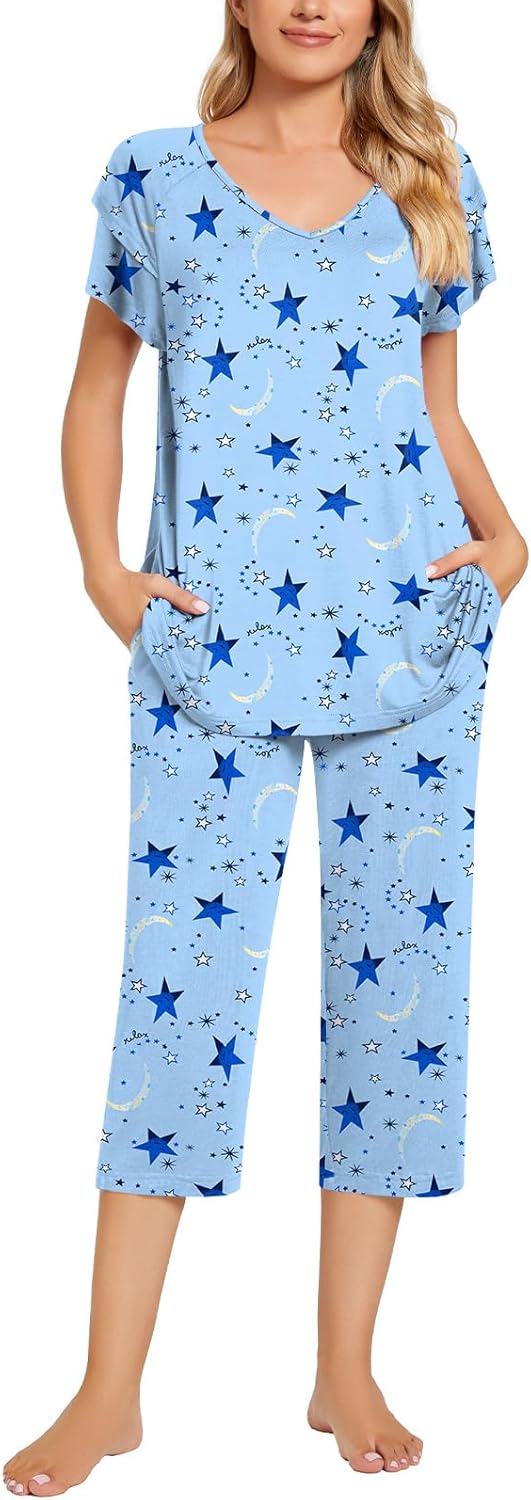 Aodemo Womens Summer Pajama Sets Ruffle Short Sleeves Sleepwear 2 Piece Pjs Loun...