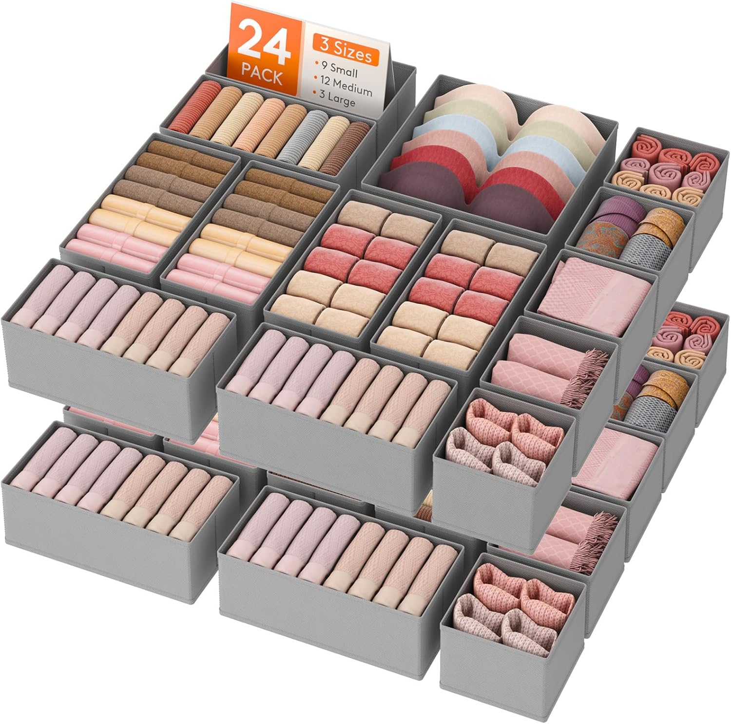 Lifewit Drawer Organizer Clothes for Closet 24 Pack, 3 Sizes Underwear Wardrobe...