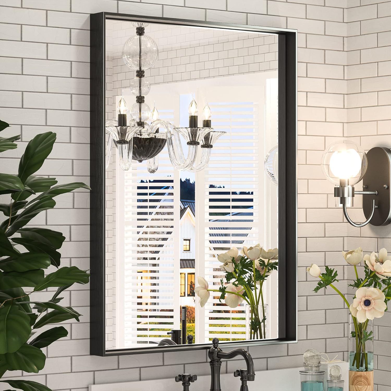 Keonjinn Black Bathroom Mirror 22 x 30 Inch, Brushed Black Framed Mirror for Ove...