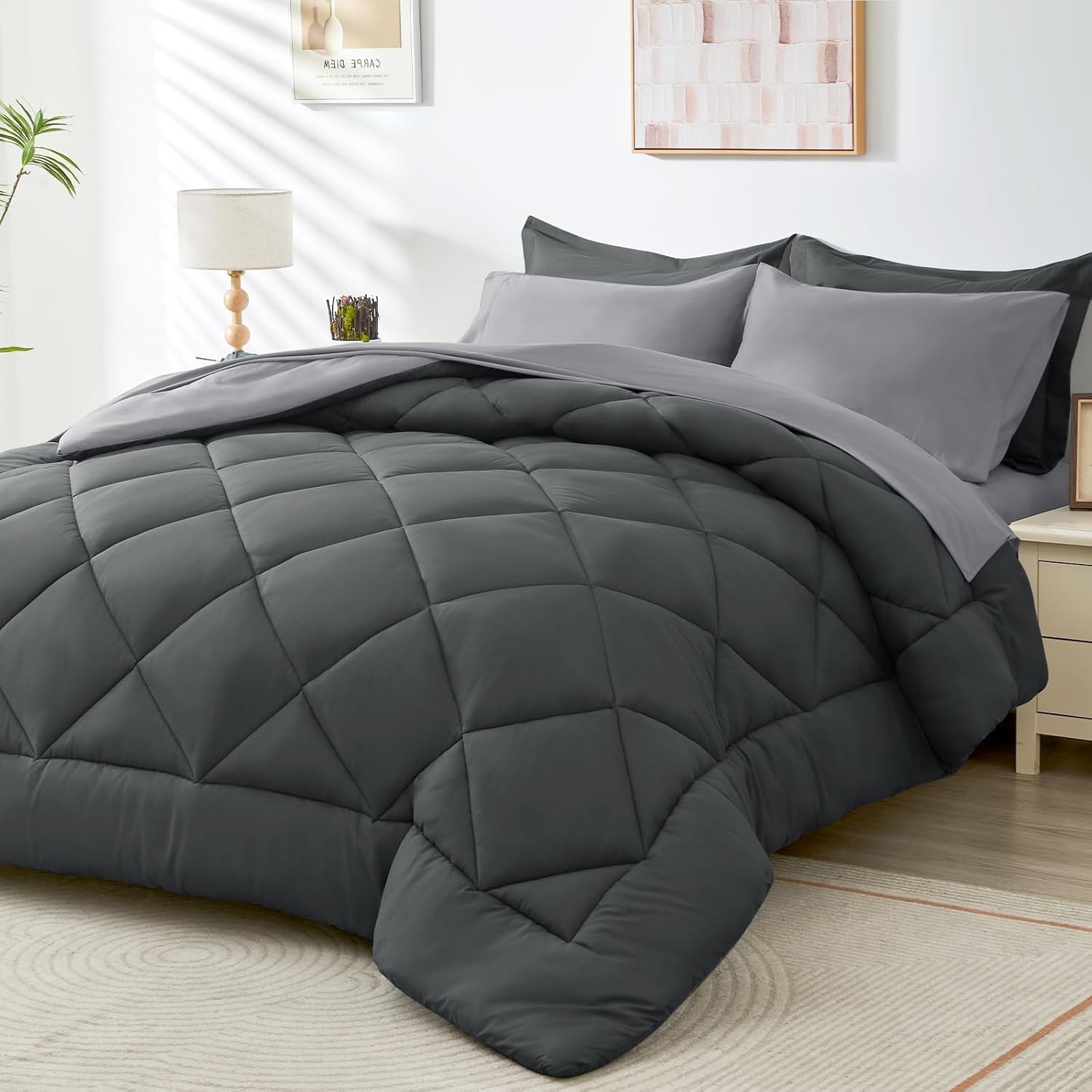 HEVUMYI King Comforter Set - 7-Piece All Season Bed in a Bag King, Ultra Soft Be...