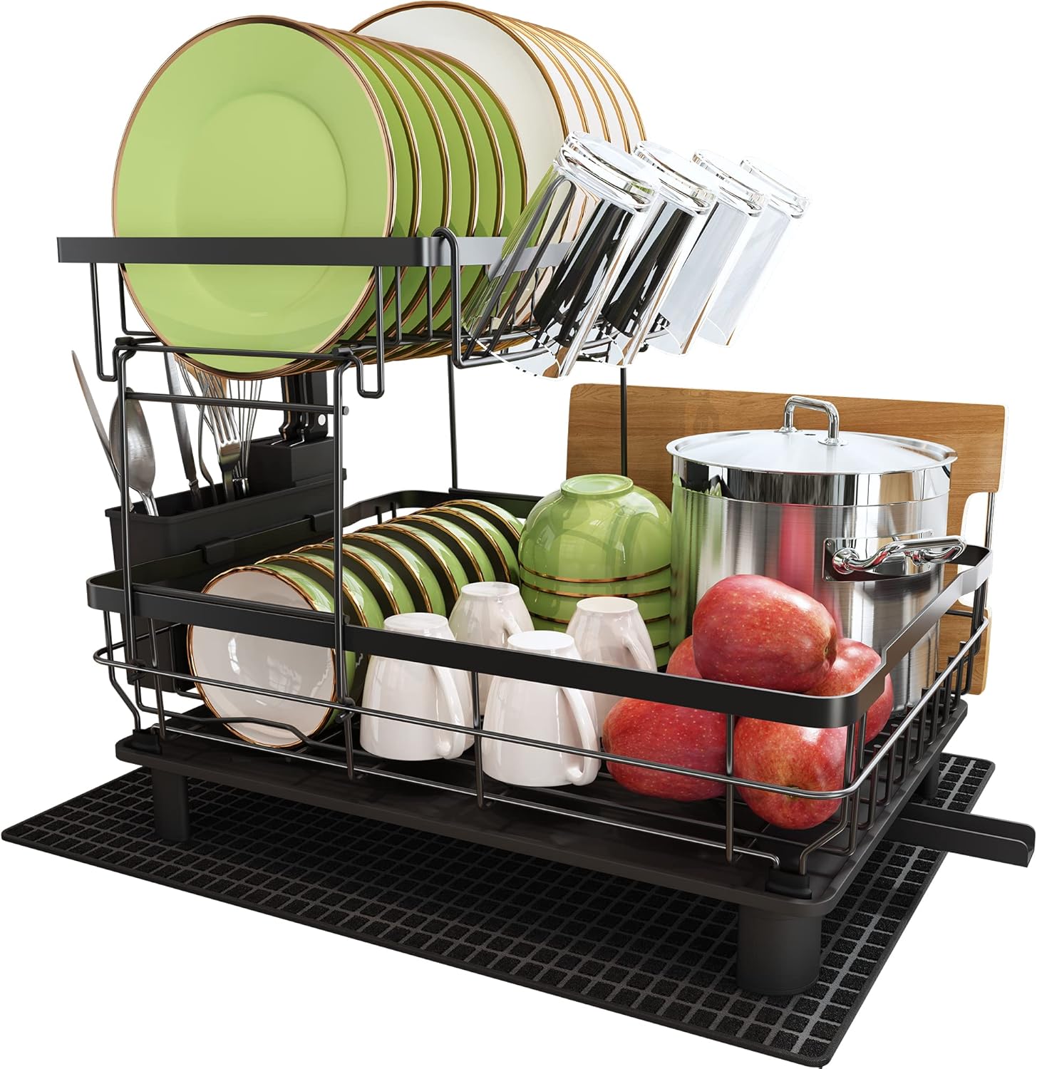 Dish Drainer Rack, 2 Tier Dish Drainer with Drip Tray and Drying Mat, Stainless...