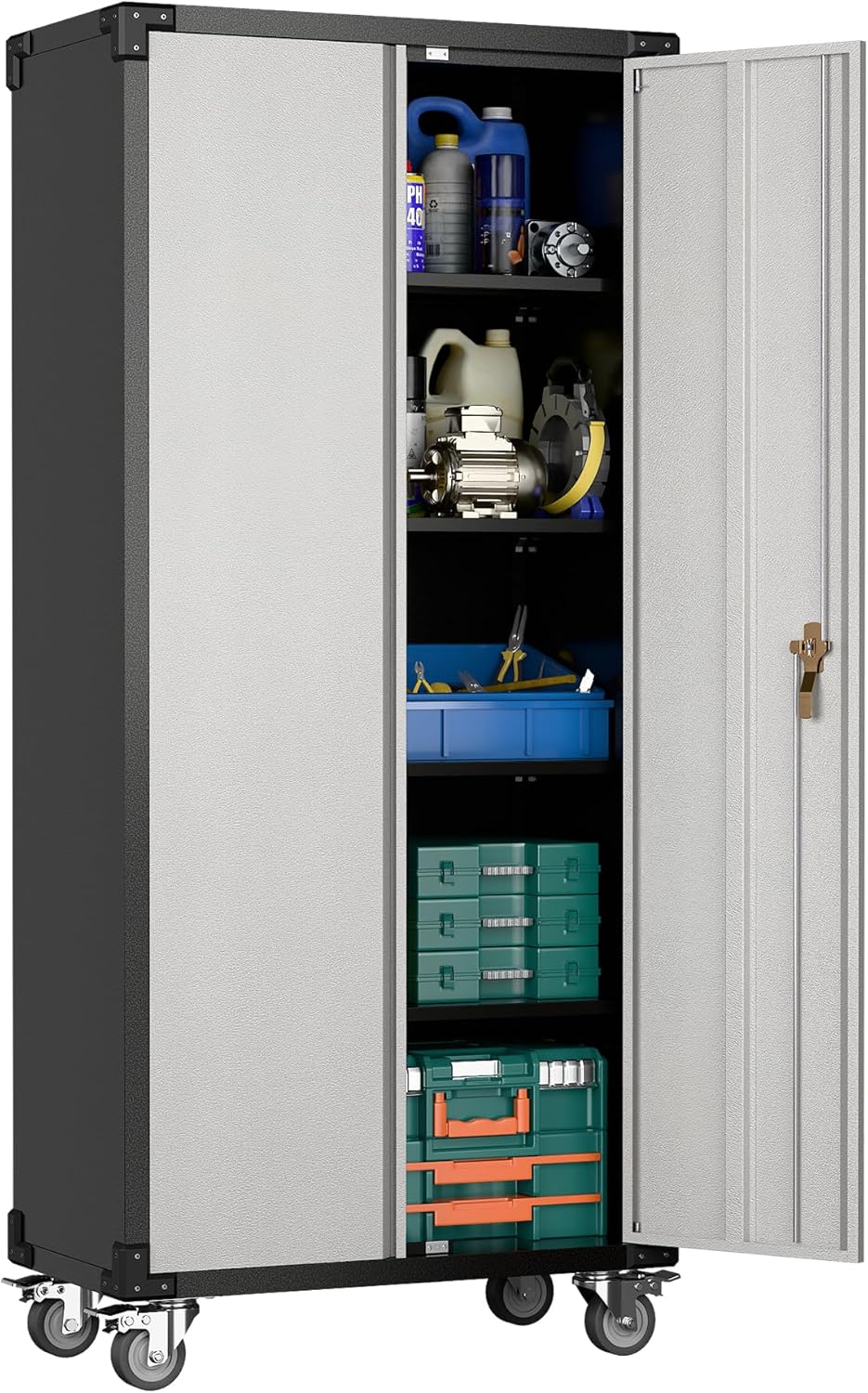 Garage Storage Cabinet with Wheels,72" Metal Storage Cabinet with 2 Doors and 4...