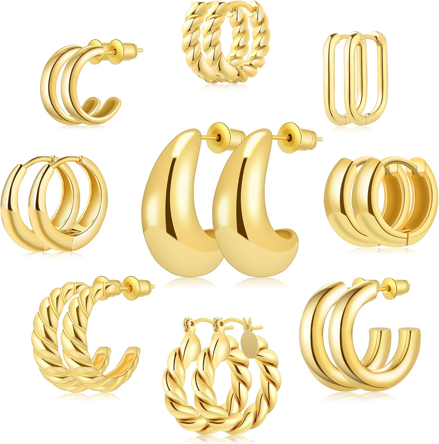 9 Pairs Gold/Sterling Silver/Rose Gold Plated Hoop...