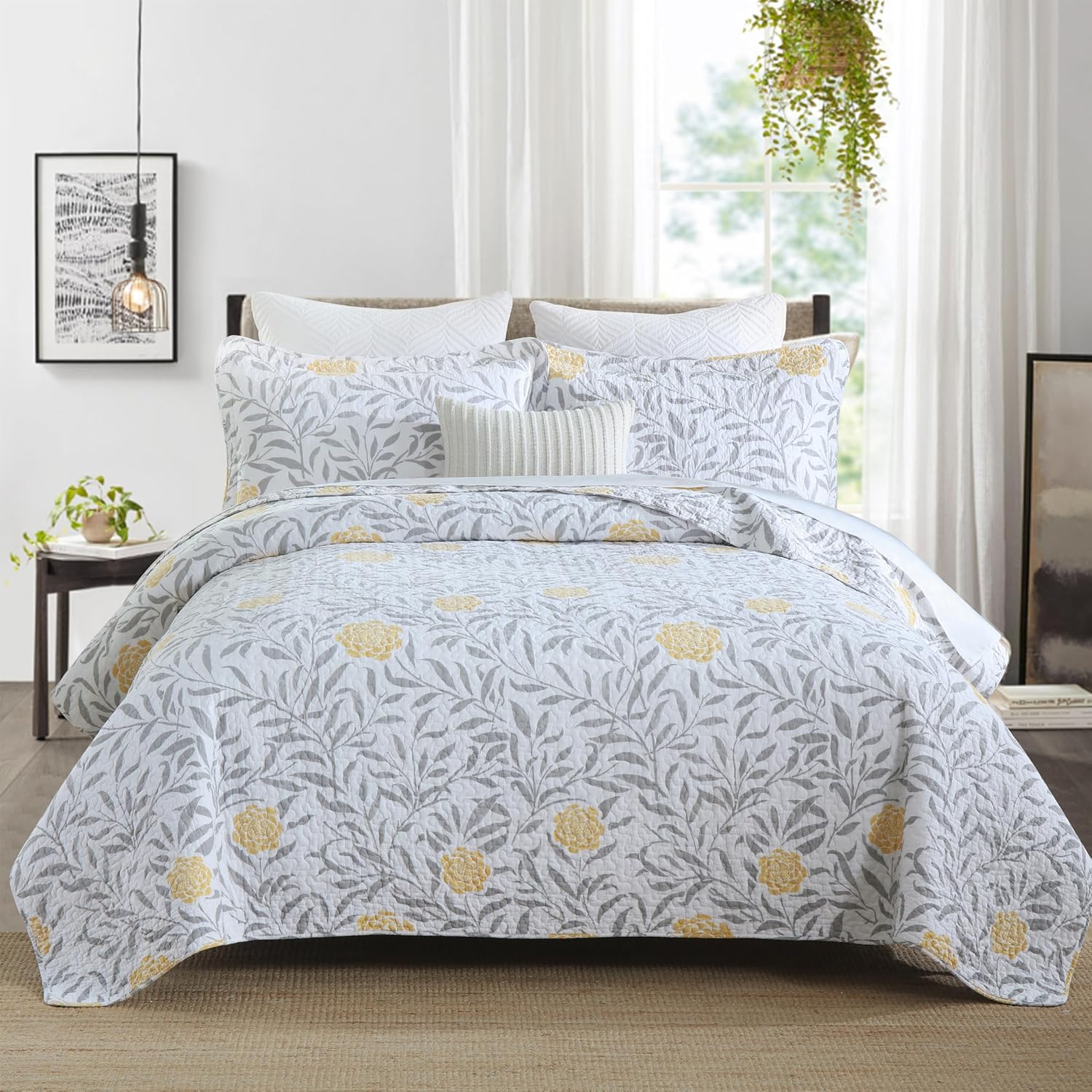Homzard Floral Queen Comforter Set - 100% Cotton Quilts Queen Size,Yellow Gray W...
