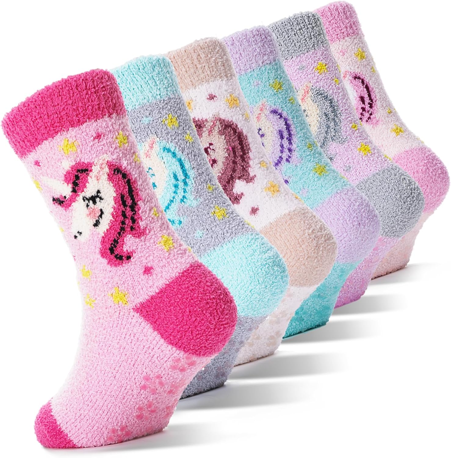 EBMORE Girls Kids Toddler Fuzzy Socks with Grips Non Slip Slipper Socks Crew Cab...