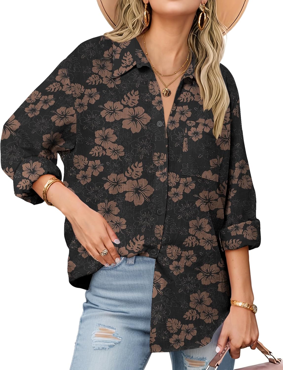 Zeagoo Womens Linen Button Down Shirts Long Sleeve Cotton Gauze Tops Casual Coll...