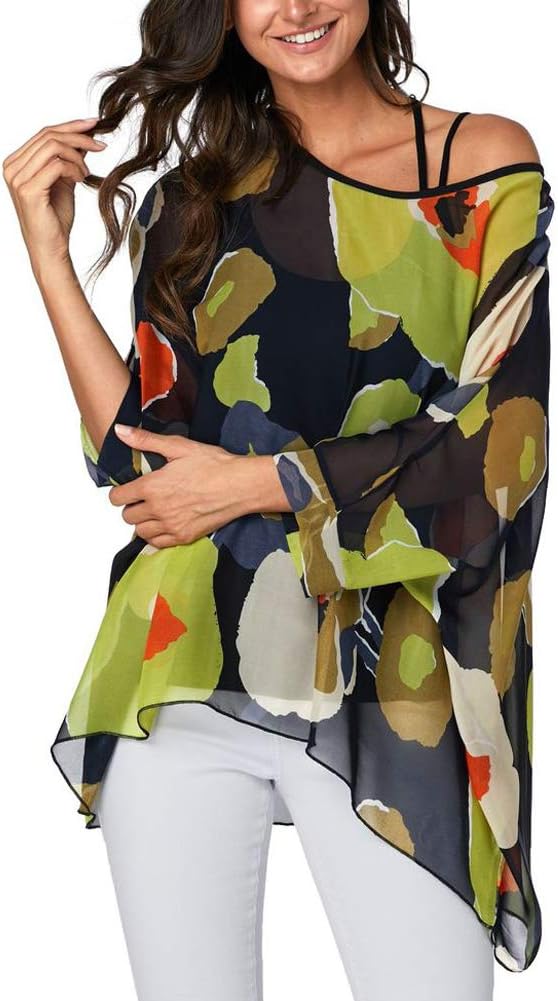 Ckikiou Plus Size Floral Chiffon Tunics Blouses for Women Batwing Summer Boho Sh...