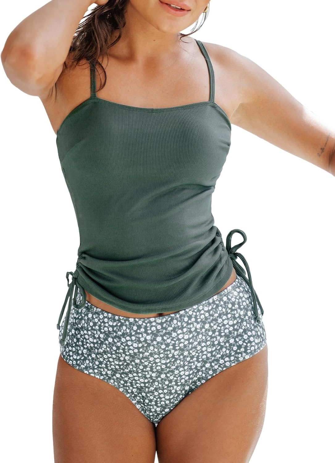 CUPSHE Women's Tankini Set Two Piece Swimsuit Ruched Drawstring Bathing Suits wi...