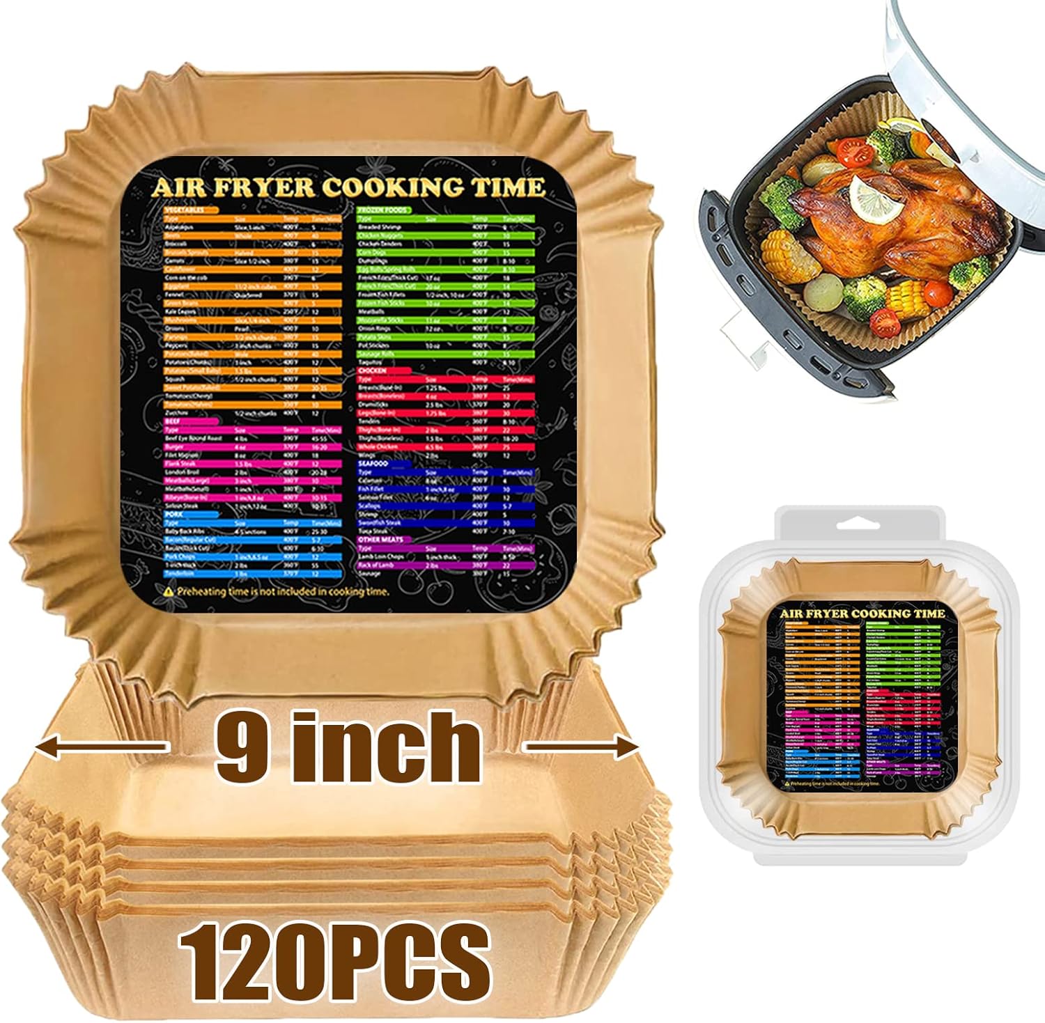 Air Fryer Disposable Paper Liners Square, 9 Inch Air Fryer Liners 120PCS, Parchm...