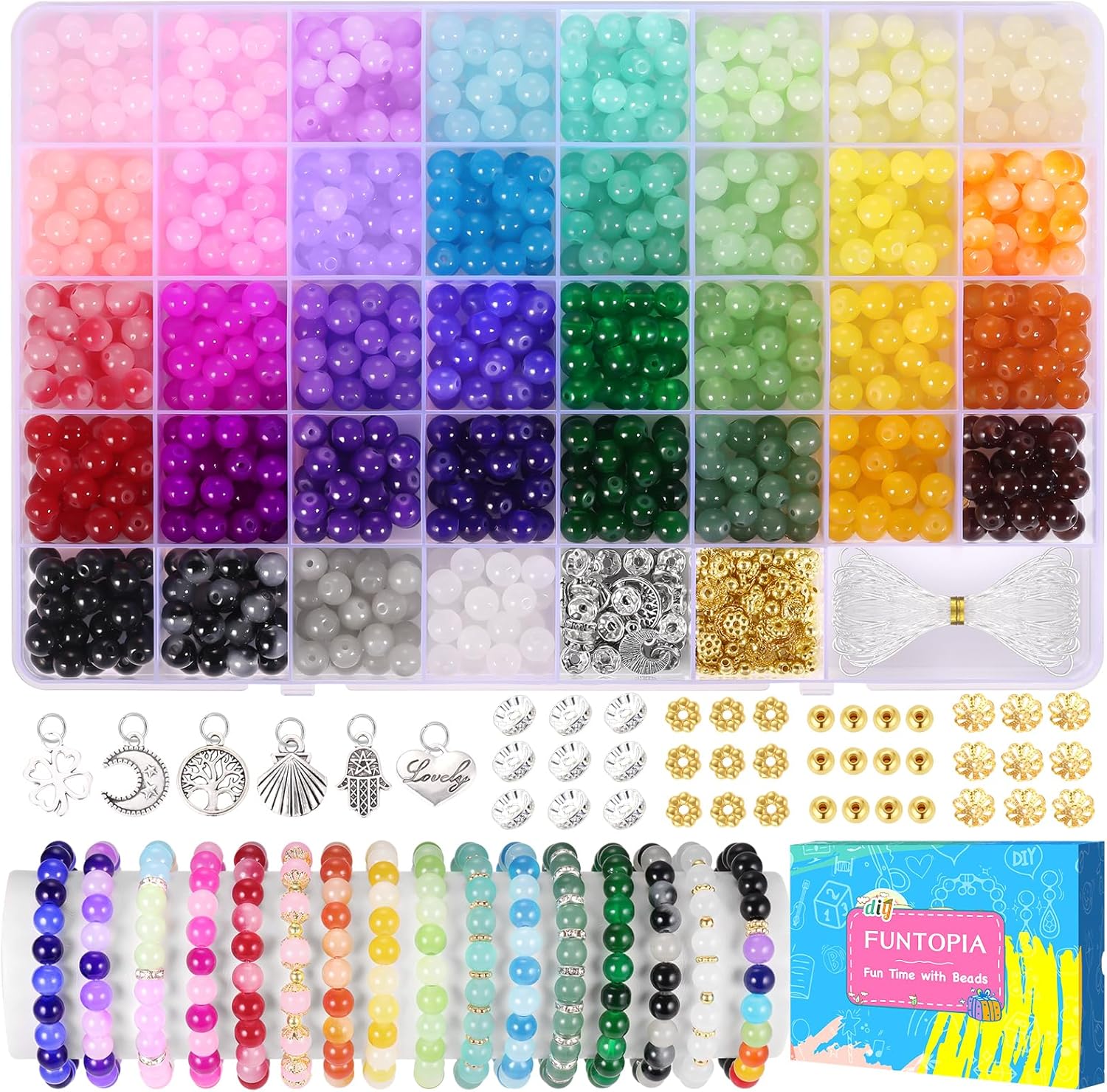 Funtopia 36 Colors Glass Beads for Bracelet Making, 8mm 1060 Pcs Crystal Gemston...