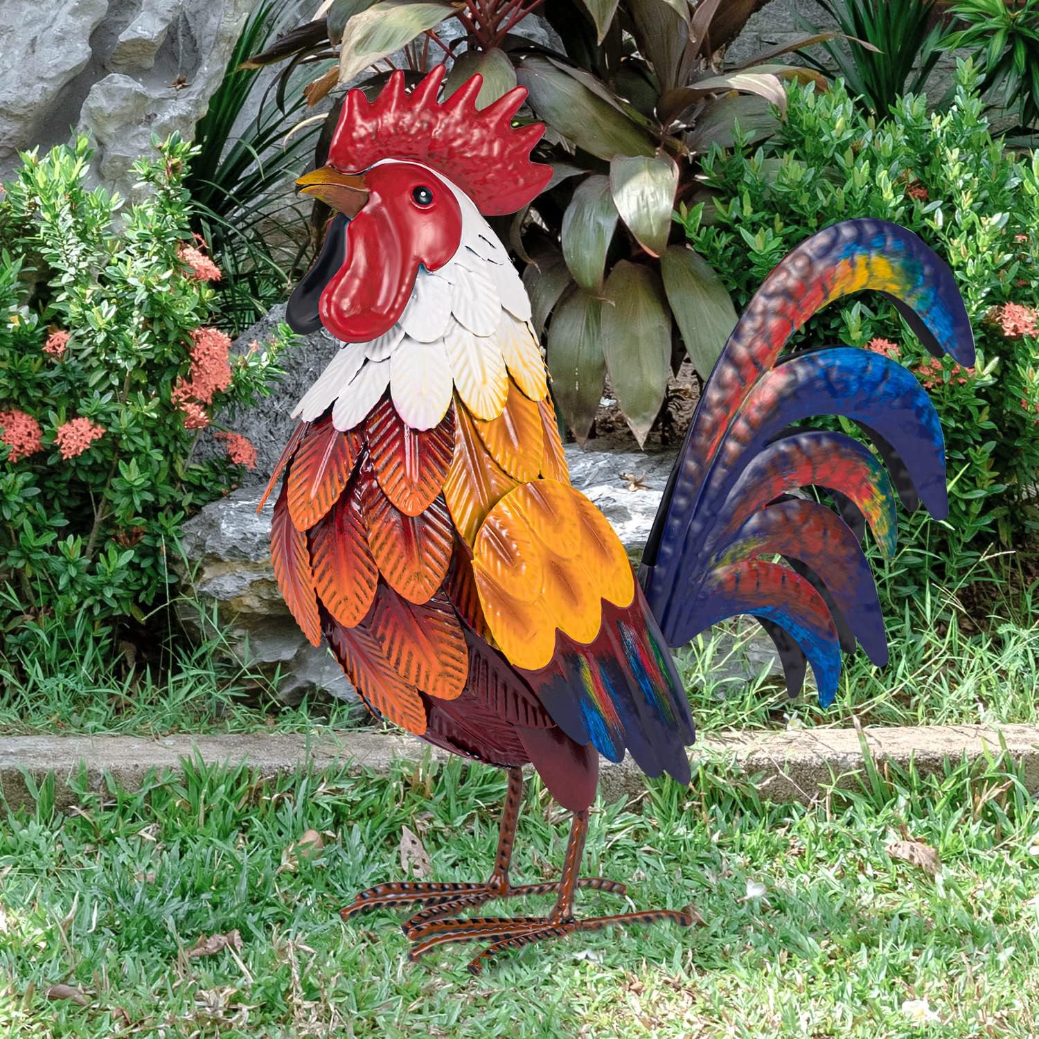 Natelf Metal Rooster Garden Statues & Sculptures, Chicken Yard Art Decor Standin...