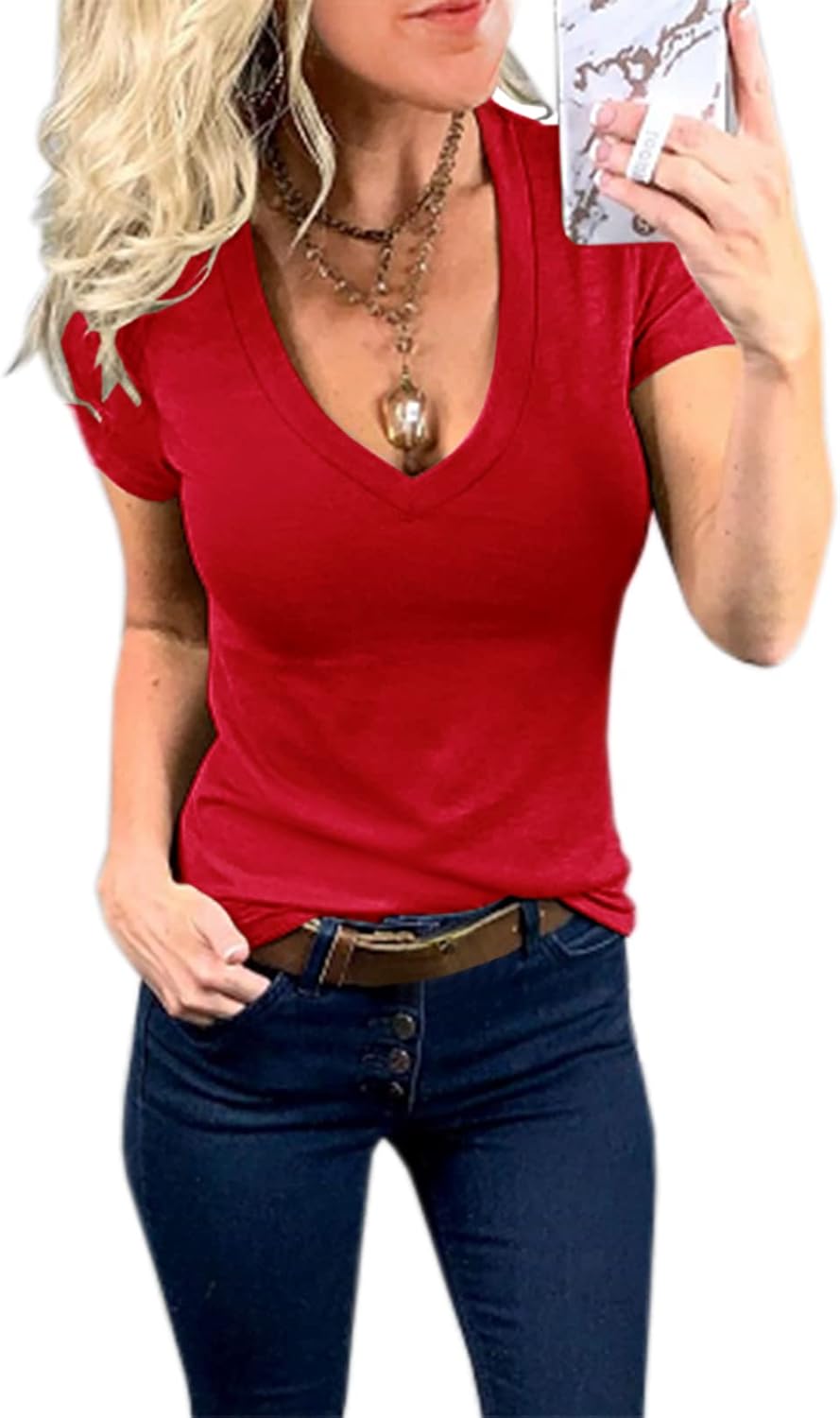 Womens Summer Sexy Short Sleeve Tshirt Tops Deep V Neck Shirts Casual Slim Fit B...
