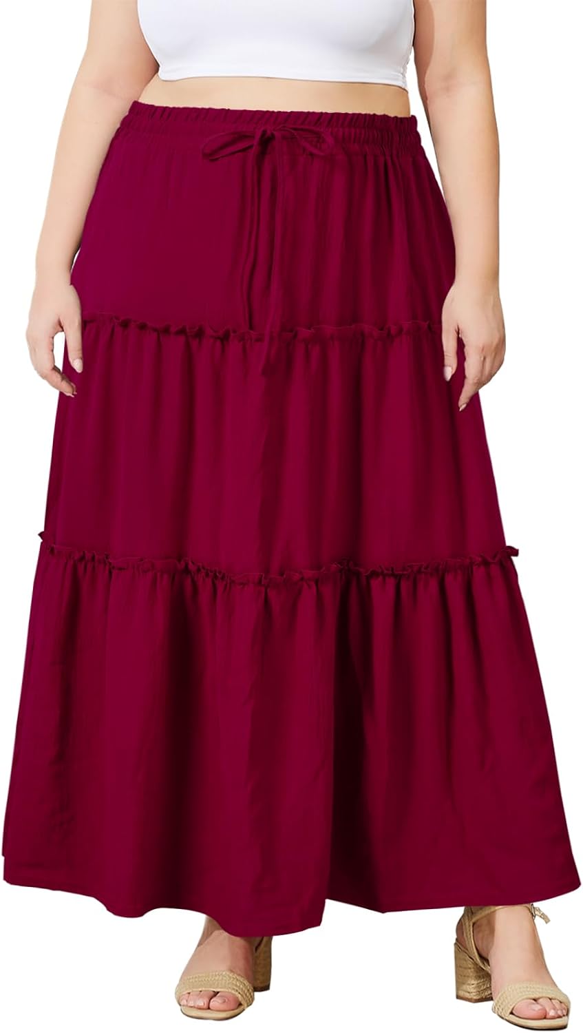 Moon Wood Women's Plus Size Maxi Skirt High Waisted Pleated A Line Flowy Tiered...