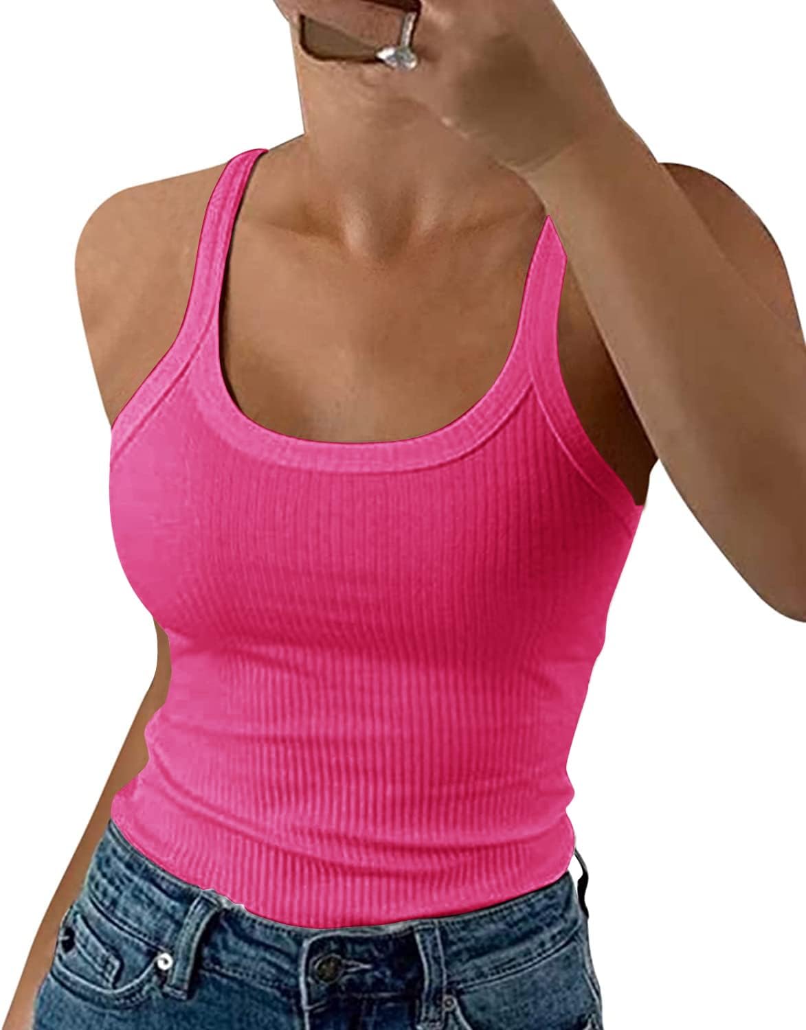 GEMBERA Women Spaghetti Strap Scoop Neck Ribbed Tank Tops Slim Fitted Cotton Cam...