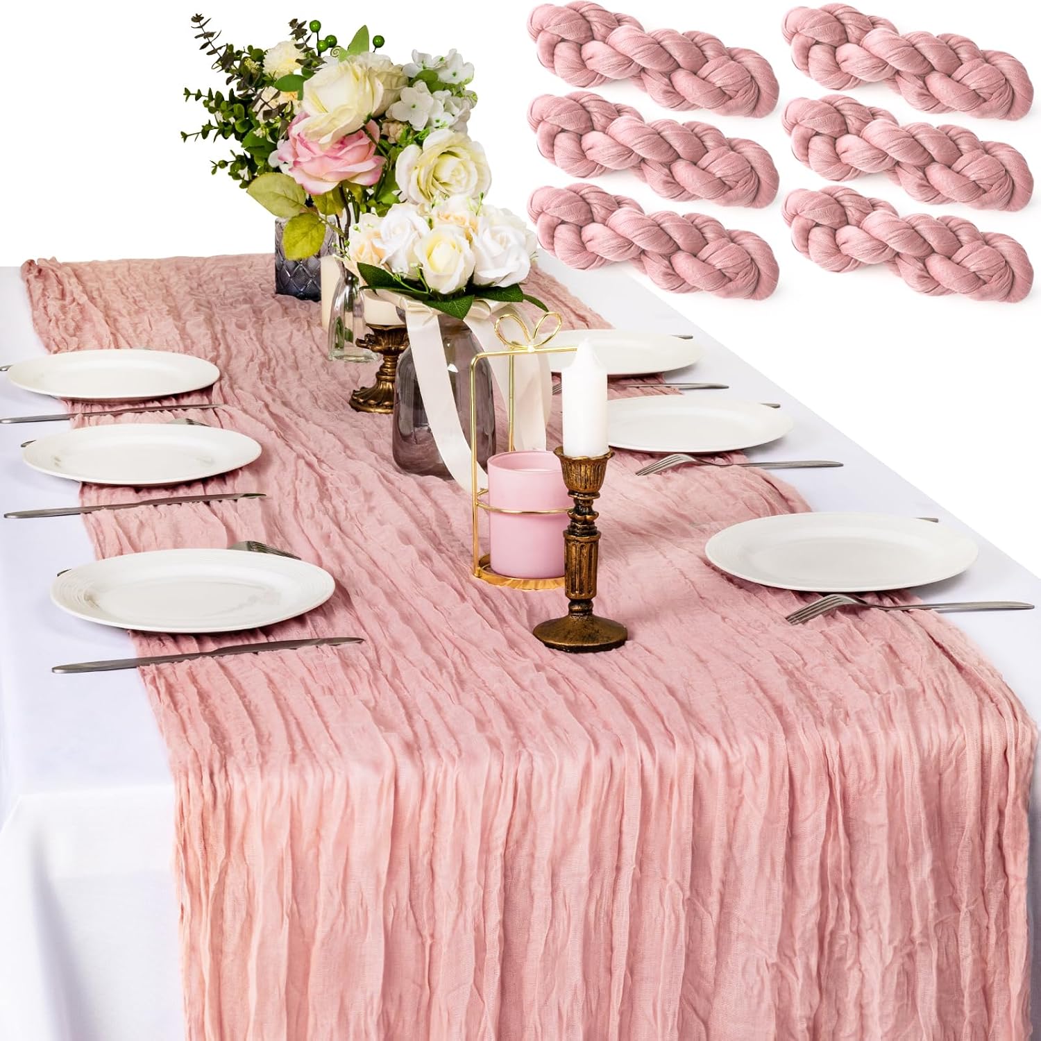 XSEINO 6Pieces 10FT Dusty Pink Cheesecloth Table Runner Boho Gauze Fabric Table...
