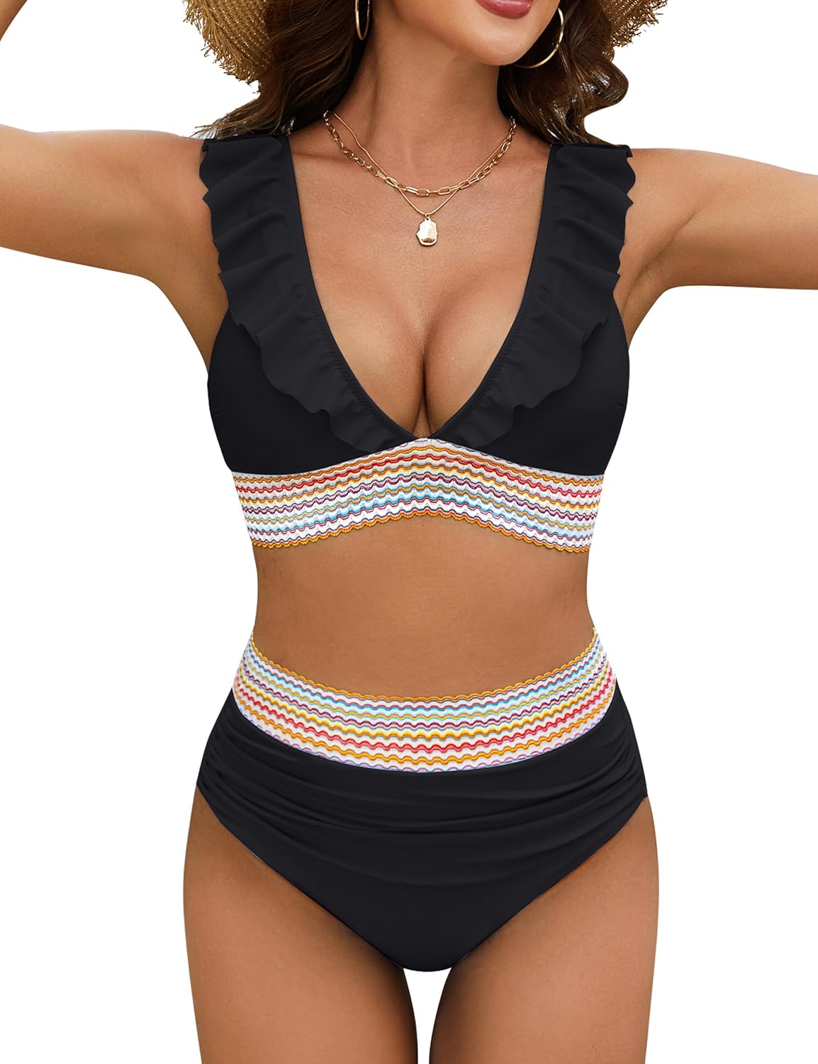 BMJL Women's High Waisted Bikini Sets Ruched Tummy Control Swimsuits Color Block...