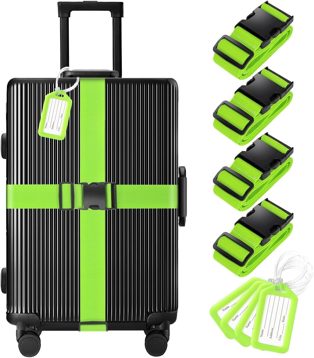 8 Pack Luggage Straps and Tags Set (4 Straps, 4 Tags), Luggage Straps for Suitca...