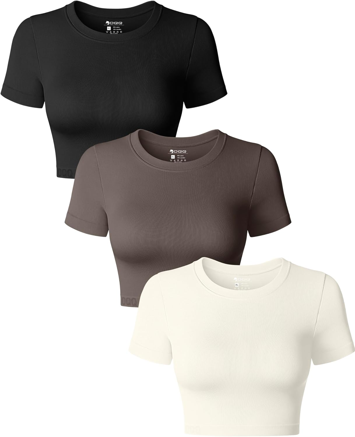 OQQ Women's 3 Piece Crop Tops Crew Neck Shorts Sleeve Stretch Fitted Shirts Crop...