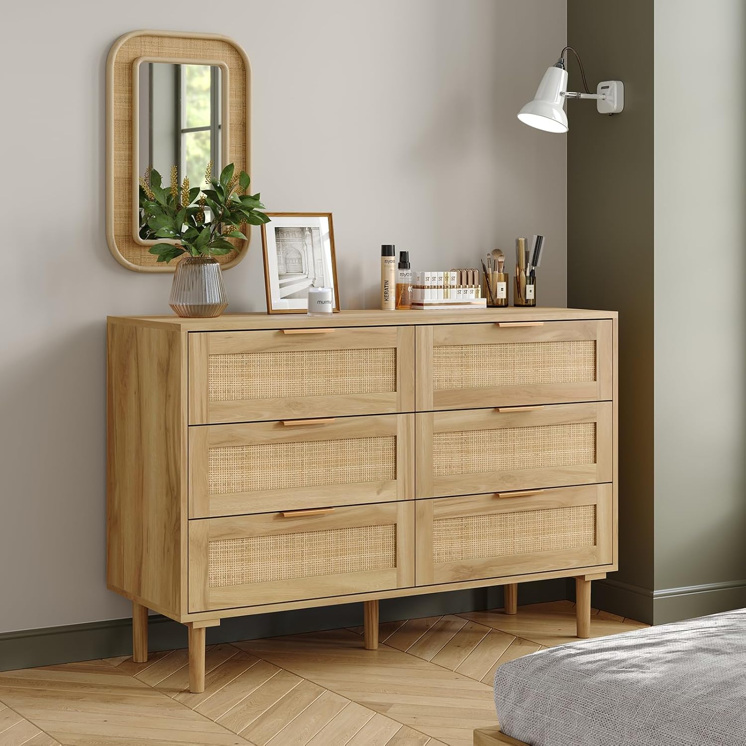 Furniouse 6 Drawers Rattan Dresser for Bedroom, Wooden Dresser Chest of Drawers,...