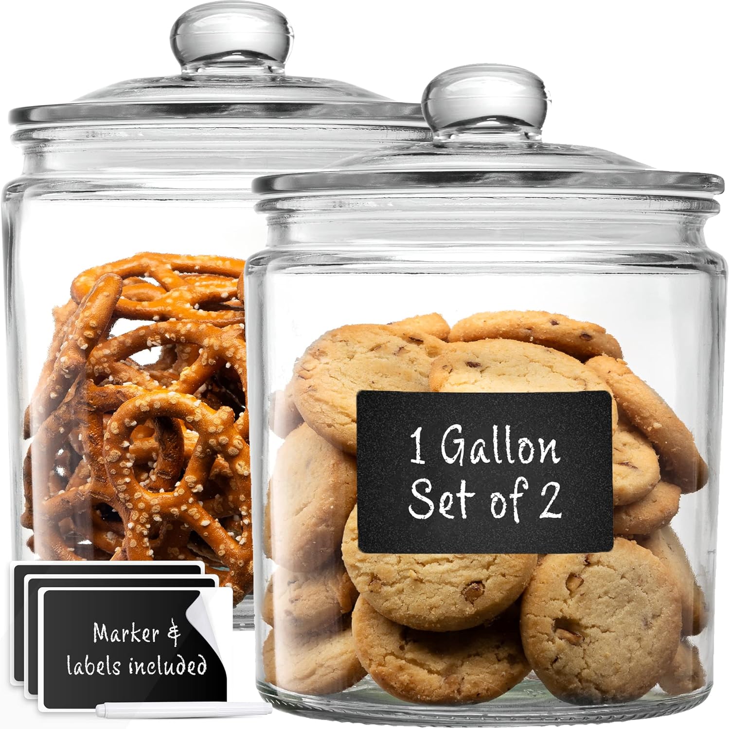 1 Gallon Glass Cookie Jars + Labels & Marker - Set of 2 Canister Sets for Kitche...
