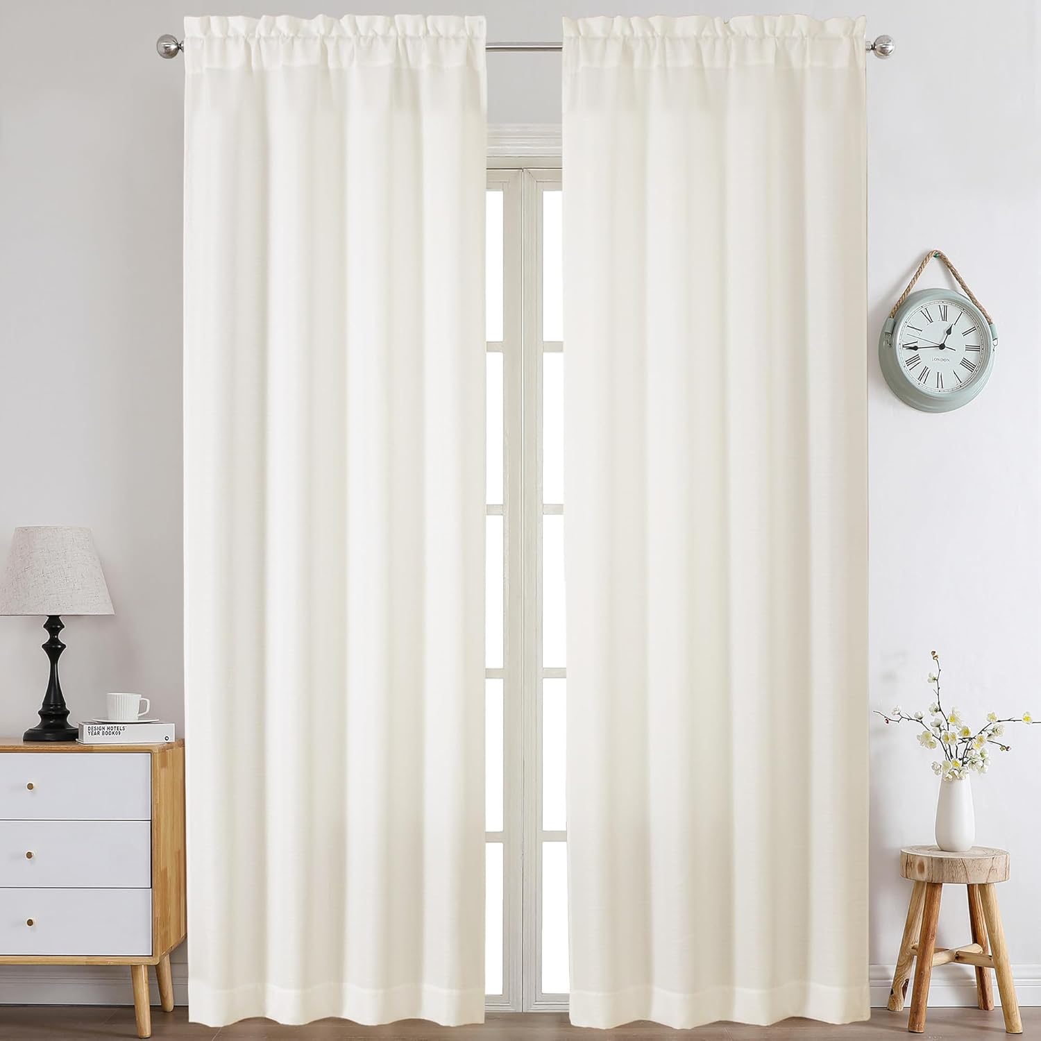 Chyhomenyc Bennet Ivory Curtains 96 Inches Long 2 Panels, Faux Linen Textured Se...