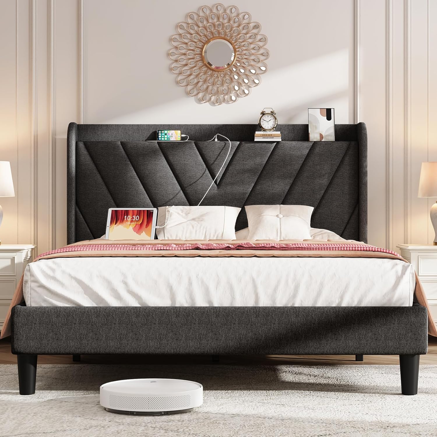 Queen Bed Frame with Headboard, Adjustable Upholstered Platform Bed Frame with T...