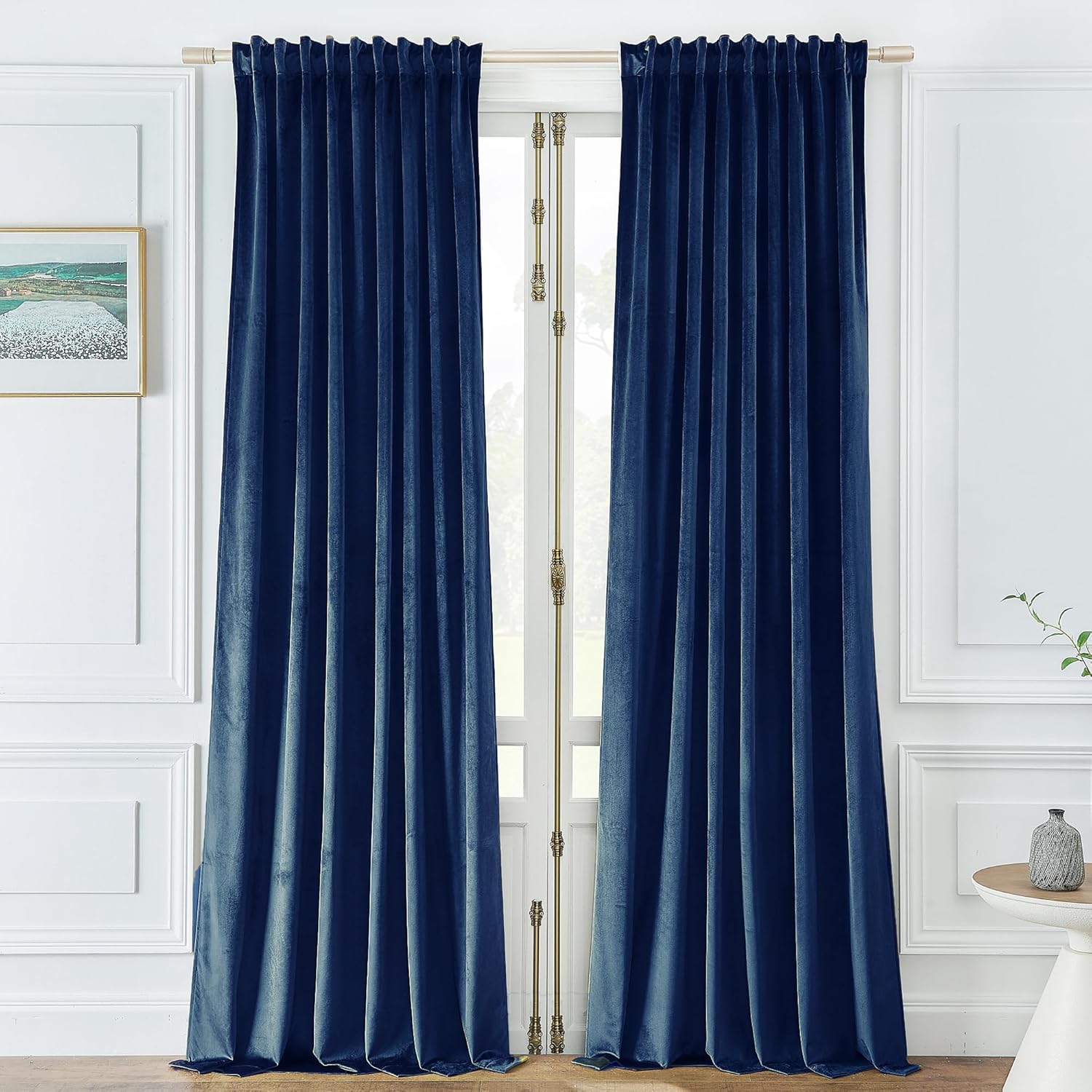 Timeper Navy Blue Pleat Back Tab Velvet Curtains W52 x L90 inches 2 Panels, Blac...