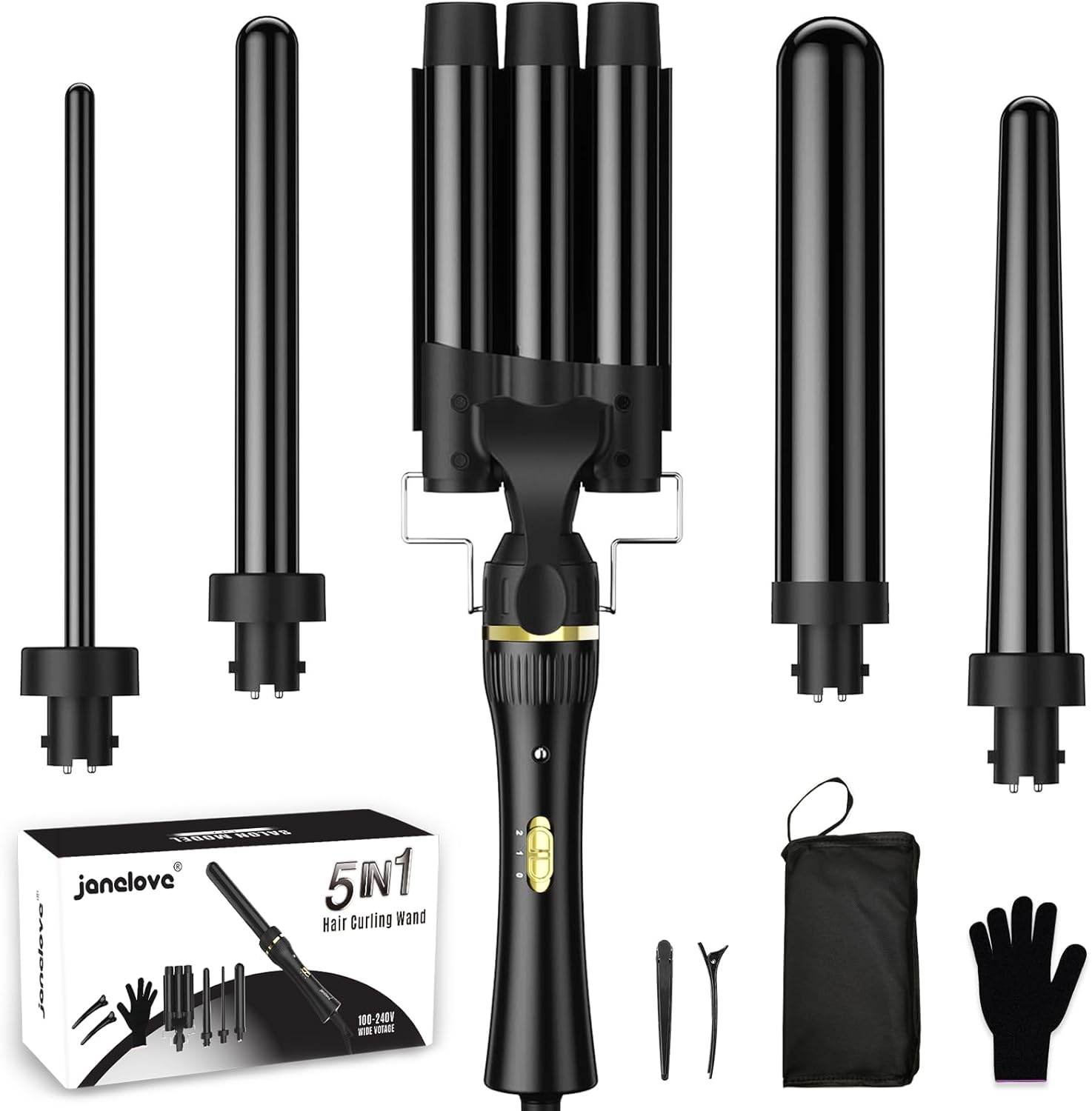janelove Hair Curler 5 in 1 Curling Wand Set with 3 Barrel Hair Waver and 4 Inte...