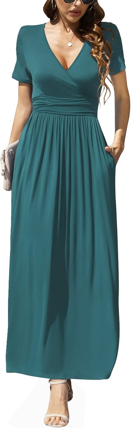LILBETTER Women's Summer Short Sleeves Dress Wrap Waist Maxi Dresses with Pocket...
