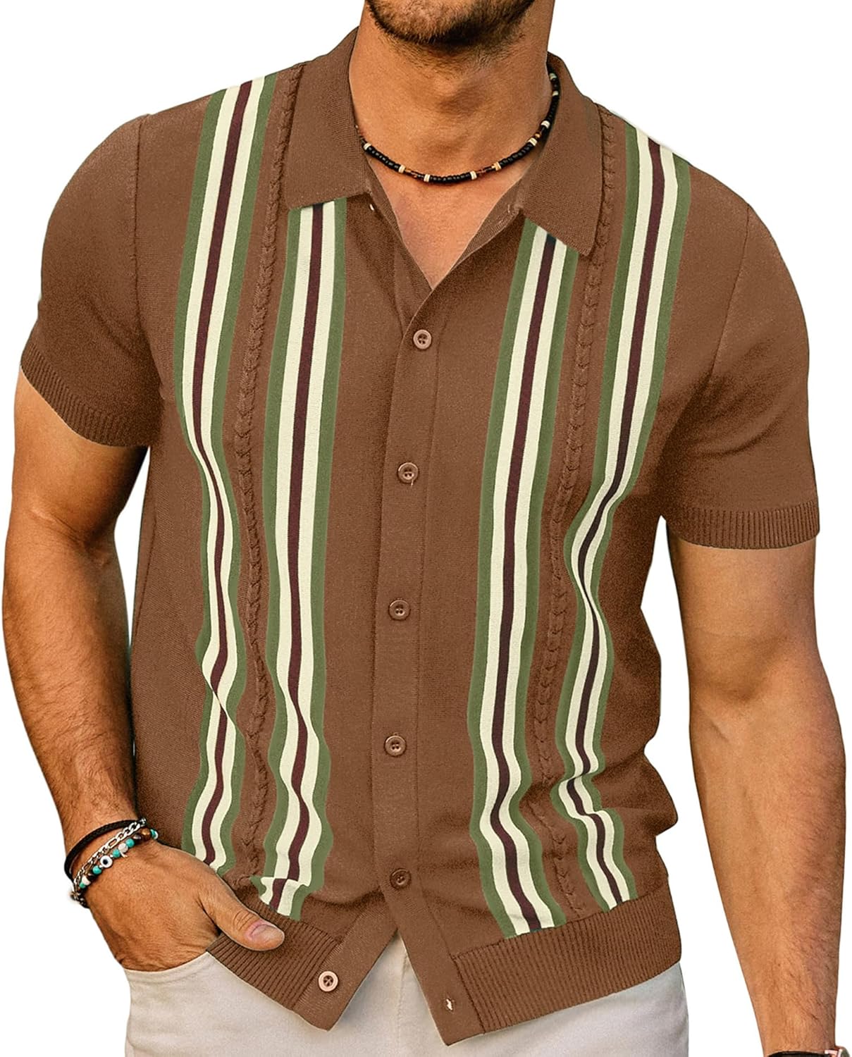 PJ PAUL JONES Mens Polo Shirts Vintage Striped Button Down Knitted Golf Shirts L...