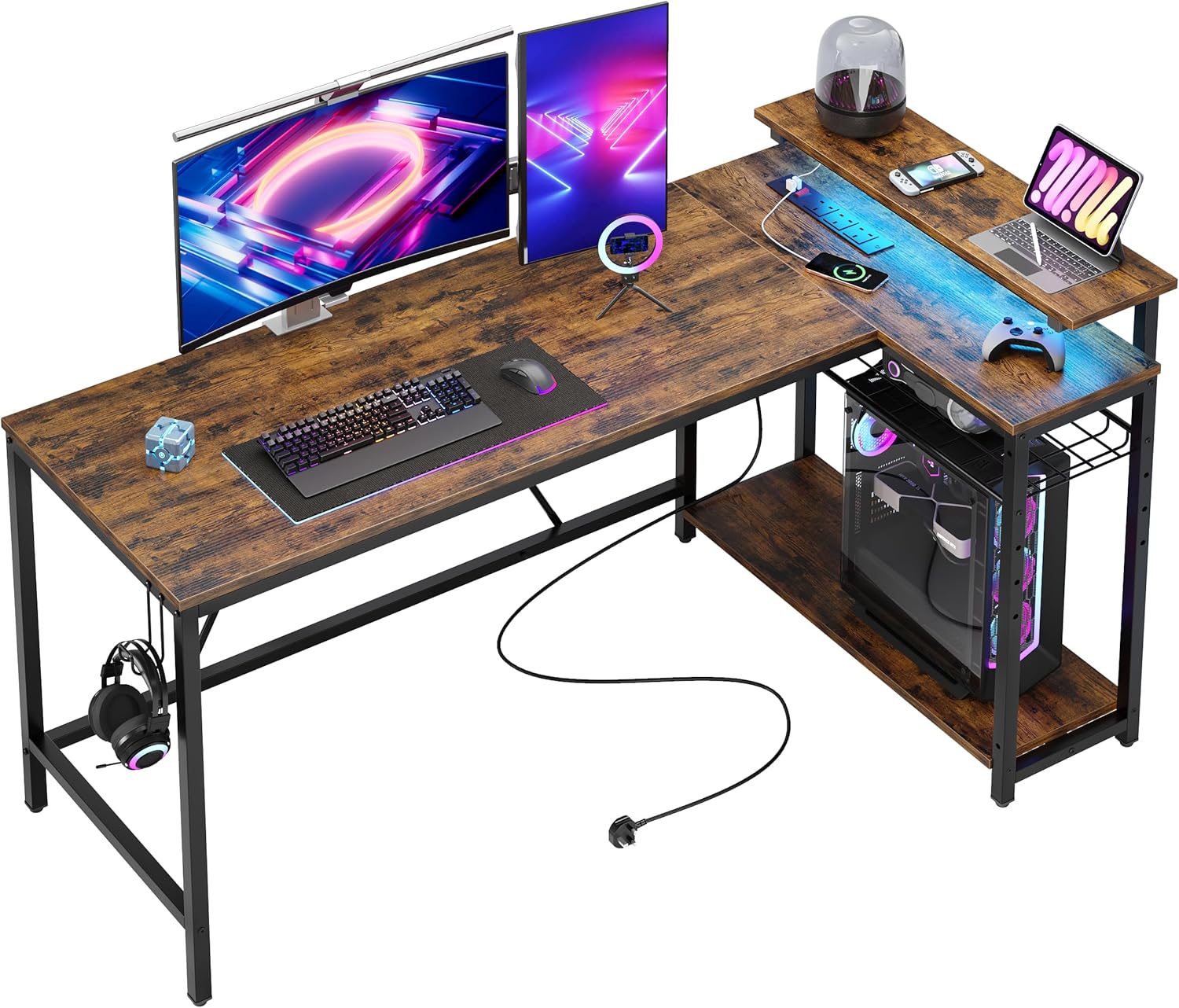 Bestier L Shaped Desk with Power Outlets & LED Lights Reversible 147CM Corner De...